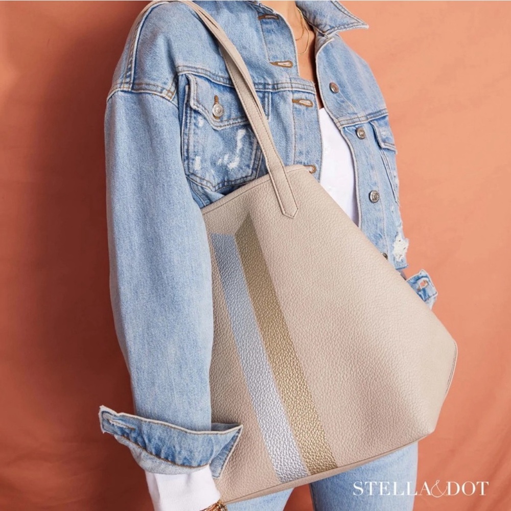 Stella & Dot Cream StripedVegan Leather Tote Bag